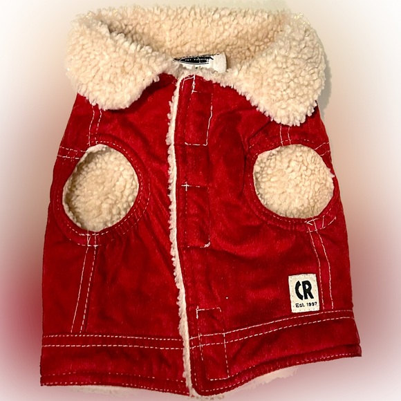 CR Small Dog Puppy fleece brushed denim Sherpa jean jacket burgundy cream wear - Picture 2 of 4